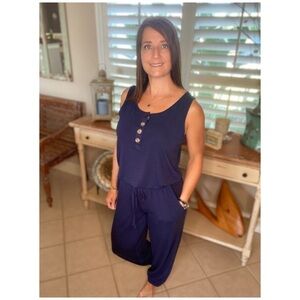 Jogger Jumpsuit Scoop Pocket Button Navy Blue 1820